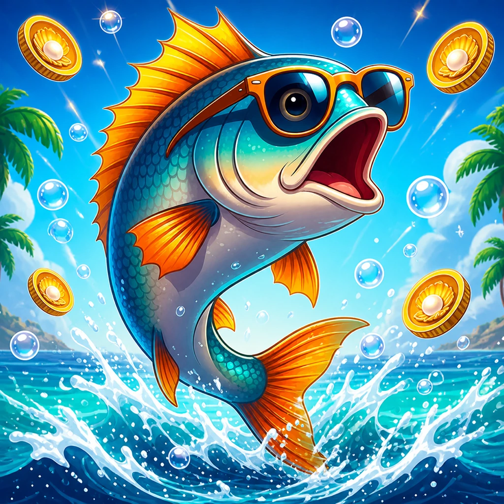 Deep Sea Fortune app icon featuring a sunglasses-wearing fish leaping from the ocean